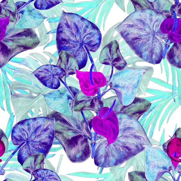 Hawaiian floral seamless pattern with watercolor tropical leaves and flowers. Calla flowers. Vintage Tropical summer print.