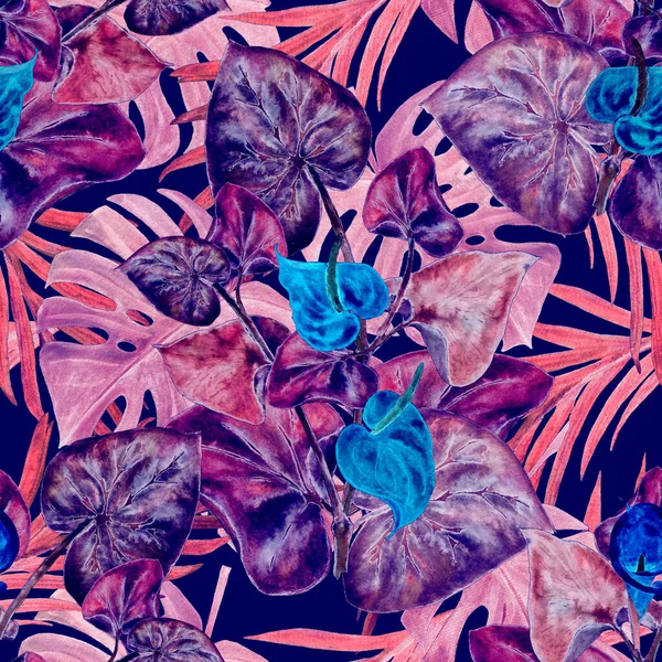 Hawaiian floral seamless pattern with watercolor tropical leaves and flowers. Calla flowers. Vintage Tropical summer print.