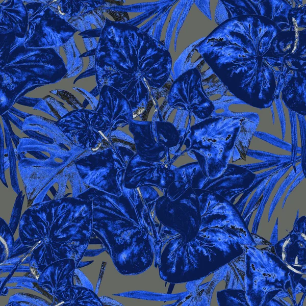 Hawaiian floral seamless pattern with watercolor tropical leaves and flowers. Calla flowers. Vintage Tropical summer print.