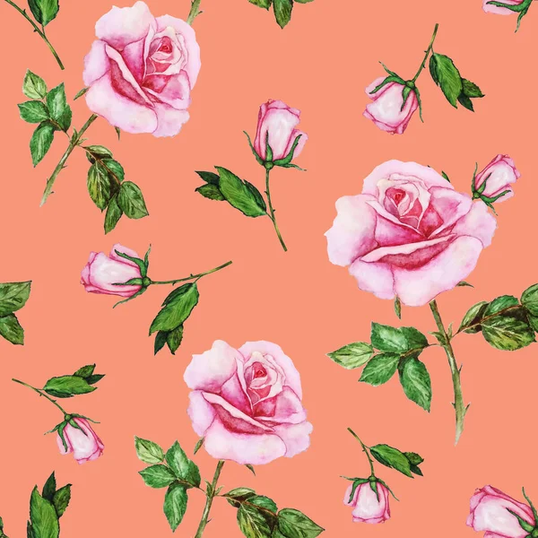 美しい咲きのバラと花のシームレスなパターン 装飾的な植物のバラの花のプリント 水彩手描きイラスト — ストック写真