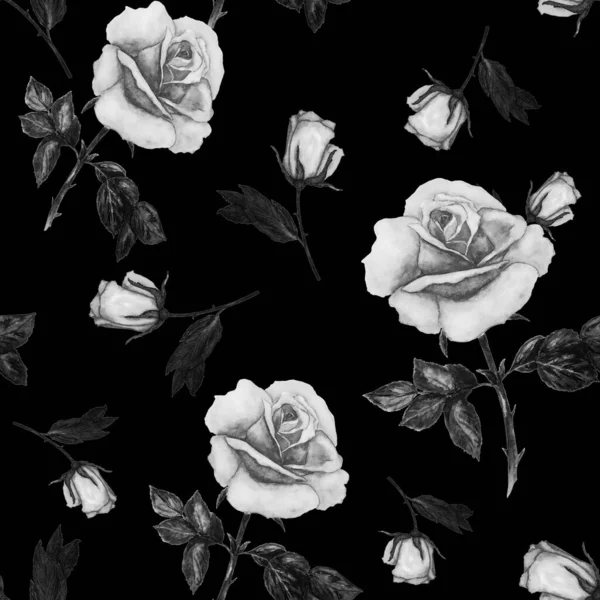花的无缝图案与美丽绽放的蔷薇花 装饰植物玫瑰花纹 水彩画手绘插图 — 图库照片