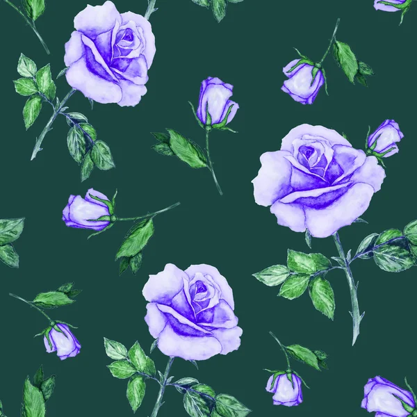 花的无缝图案 美丽的玫瑰绽放 装饰植物玫瑰花纹 水彩画手绘插图 — 图库照片