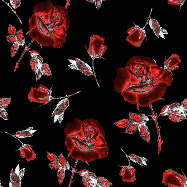 아름다운 장미꽃이 꽃무늬가 꽃무늬 장식적 식물학자 플라워 프린트 수채화 — 스톡 사진