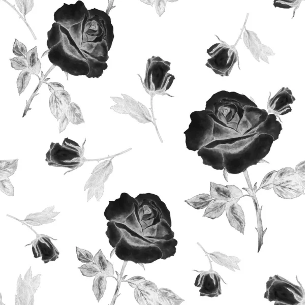 花的无缝图案与美丽绽放的蔷薇花 装饰植物玫瑰花纹 水彩画手绘插图 — 图库照片
