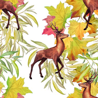 Asil geyikler ve sonbahar yapraklarıyla sulu boya deseni. Güzel bir hayvan izi. El çizimi.
