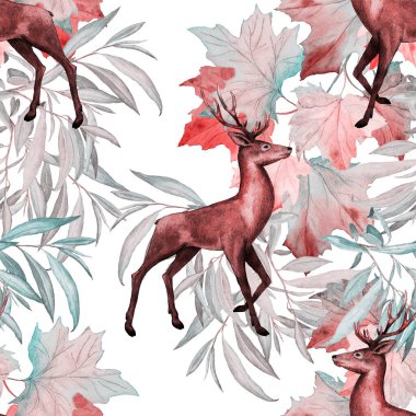 Asil geyikler ve sonbahar yapraklarıyla sulu boya deseni. Güzel bir hayvan izi. El çizimi.