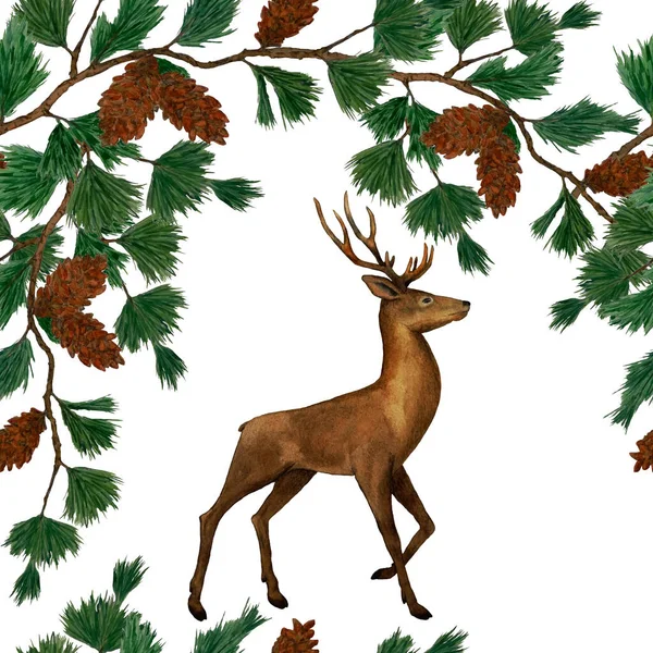 高貴な鹿や松の枝と水彩お祝いのパターン 美しい動物のプリント 手描き — ストック写真