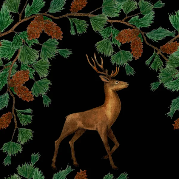 水彩缤纷的节日图案 高贵的鹿和松树分枝在黑色上 漂亮的动物指纹手绘 — 图库照片