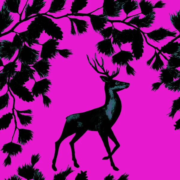 水彩缤纷的节日图案 有高贵的鹿角和松枝 漂亮的动物指纹手绘 — 图库照片