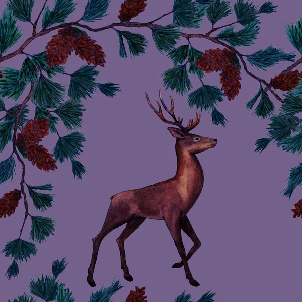 Aquarelle Motif Festif Avec Des Cerfs Nobles Des Branches Pin — Photo