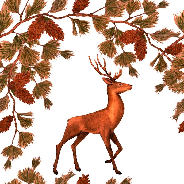 Aquarelle Motif Festif Avec Des Cerfs Nobles Des Branches Pin — Photo