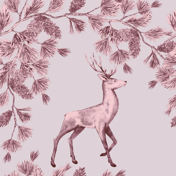 Watercolor Festive Pattern Noble Deers Pine Branches Beautiful Animal Print — Stock Photo, Image