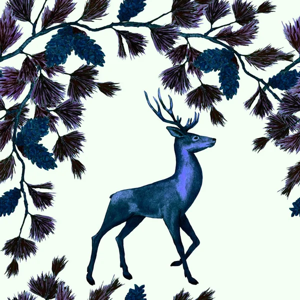 Watercolor Festive Pattern Noble Deers Pine Branches Beautiful Animal Print — Stock Photo, Image