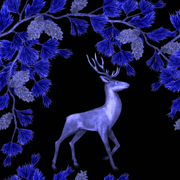 Aquarelle Motif Festif Avec Des Cerfs Nobles Des Branches Pin — Photo