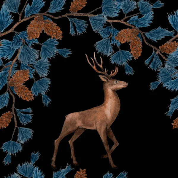 Akvarel Slavnostní Vzor Ušlechtilými Jeleny Borovými Větvemi Černé Krásný Zvířecí — Stock fotografie