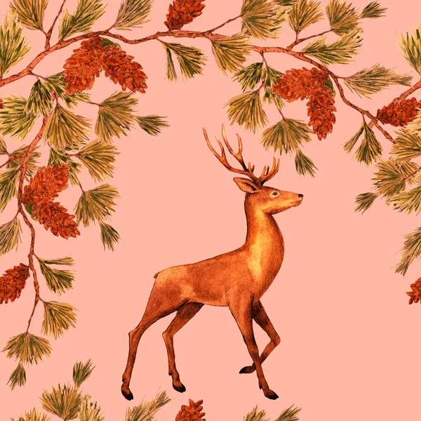 Watercolor Festive Pattern Noble Deers Pine Branches Beautiful Animal Print — Stock Photo, Image