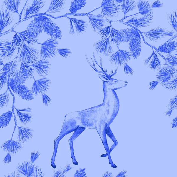 Aquarelle Motif Festif Avec Des Cerfs Nobles Des Branches Pin — Photo