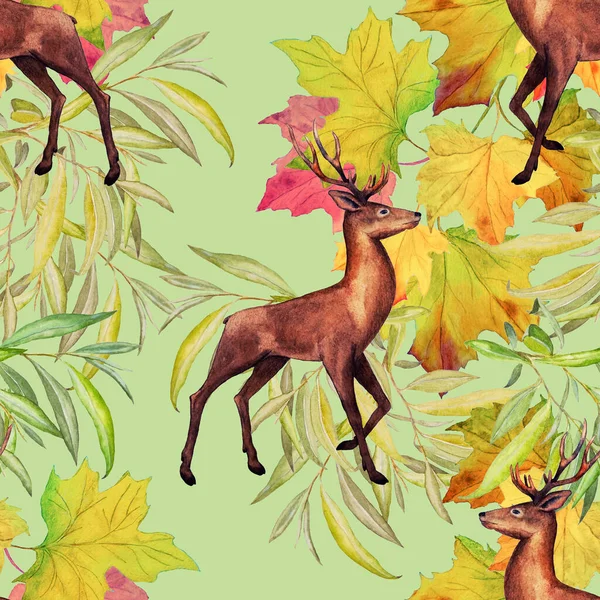 Akwarela Bezszwowy Wzór Szlachetnych Jeleni Jesiennych Liści Piękny Odcisk Zwierzęcia — Zdjęcie stockowe