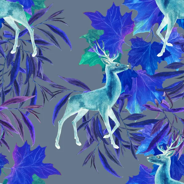高貴な鹿や紅葉と水彩シームレスパターン 美しい動物のプリント 手描き — ストック写真