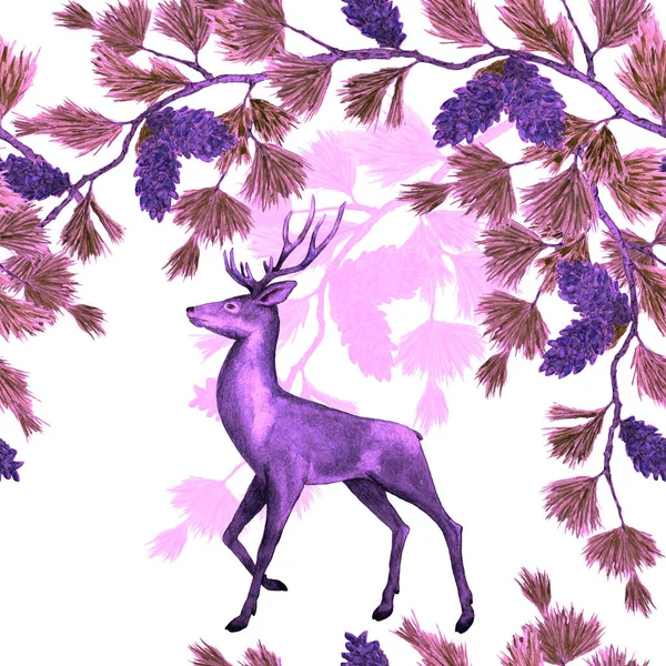 Акварель Праздничный Узор Благородными Оленями Сосновыми Ветвями Красивый Отпечаток Животного — стоковое фото