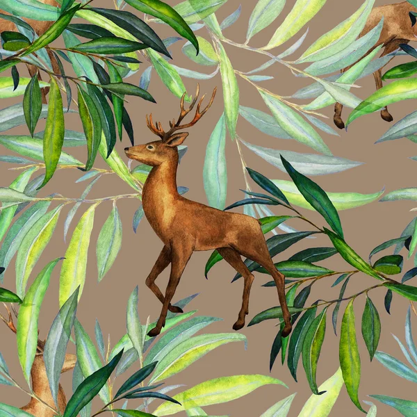 高貴な鹿や緑の葉と水彩シームレスパターン 美しい動物のプリント 手描き — ストック写真