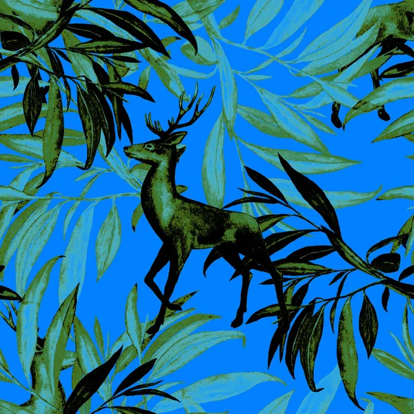 Aquarel Naadloos Patroon Met Edelherten Groen Gebladerte Prachtige Dierenprint Handgetrokken — Stockfoto