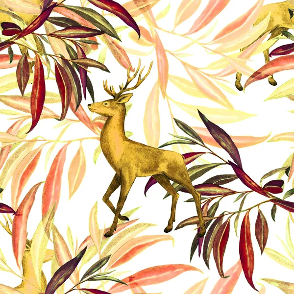 水彩画图案流畅 有高贵的鹿角和绿叶 漂亮的动物指纹手绘 — 图库照片