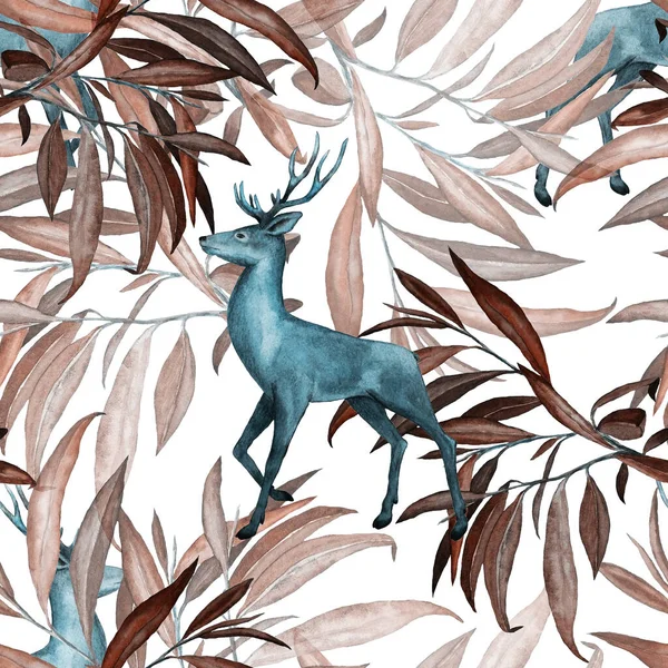 高貴な鹿や緑の葉と水彩シームレスパターン 美しい動物のプリント 手描き — ストック写真