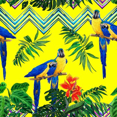 Papağan ve tropikal yapraklı suluboya desenli. Parlak yaz baskısı. Egzotik orman duvar kağıdı.