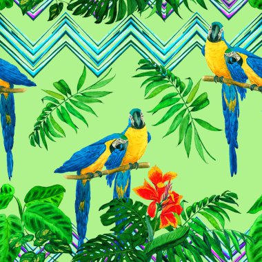Papağan ve tropikal yapraklı suluboya desenli. Parlak yaz baskısı. Egzotik orman duvar kağıdı.