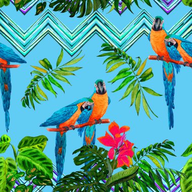 Papağan ve tropikal yapraklı suluboya desenli. Parlak yaz baskısı. Egzotik orman duvar kağıdı.