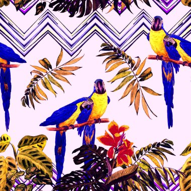 Papağan ve tropikal yapraklı suluboya desenli. Parlak yaz baskısı. Egzotik orman duvar kağıdı.