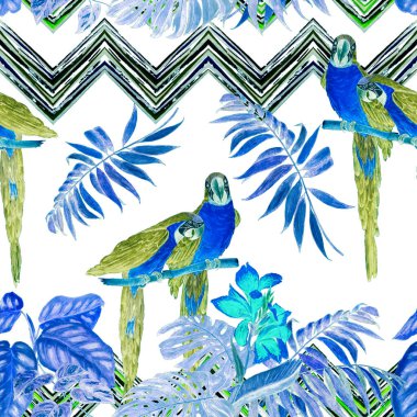 Papağan ve tropikal yapraklı suluboya desenli. Parlak yaz baskısı. Egzotik orman duvar kağıdı.