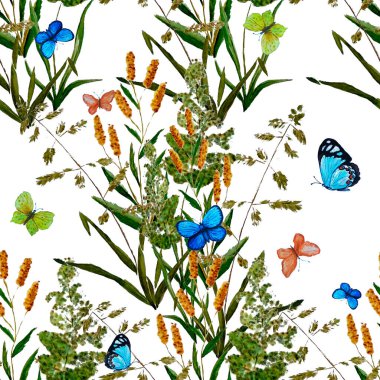 Çayır otları ve renkli kelebeklerle sulu boya deseni. Yaz doğal baskısı. Yüzey tasarımı. El çizimi.