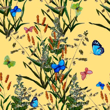 Çayır otları ve renkli kelebeklerle sulu boya deseni. Yaz doğal baskısı. Yüzey tasarımı. El çizimi.