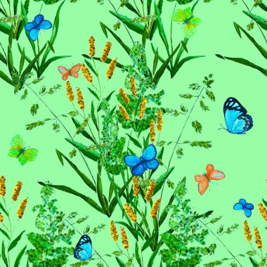 Çayır otları ve renkli kelebeklerle sulu boya deseni. Yaz doğal baskısı. Yüzey tasarımı. El çizimi.