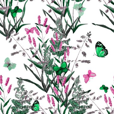 Çayır otları ve renkli kelebeklerle sulu boya deseni. Yaz doğal baskısı. Yüzey tasarımı. El çizimi.