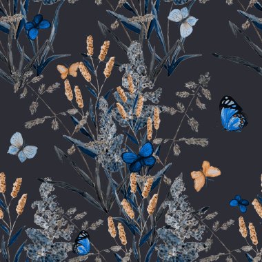 Çayır otları ve renkli kelebeklerle sulu boya deseni. Yaz doğal baskısı. Yüzey tasarımı. El çizimi.