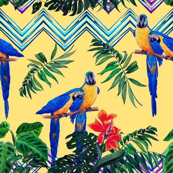 Akvarel Bezešvný Vzor Papoušky Macaw Tropickými Listy Jasný Letní Tisk — Stock fotografie