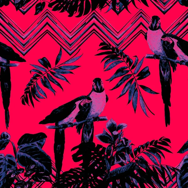 マコーのオウムや熱帯の葉と水彩シームレスパターン 明るい夏のプリント エキゾチックなジャングルの壁紙 — ストック写真