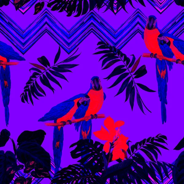 Akvarell Zökkenőmentes Minta Arapapagájokkal Trópusi Levelekkel Fényes Nyári Nyomtatás Egzotikus — Stock Fotó