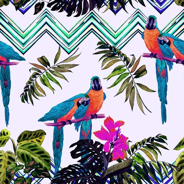Papağan Tropikal Yapraklı Suluboya Desenli Parlak Yaz Baskısı Egzotik Orman — Stok fotoğraf
