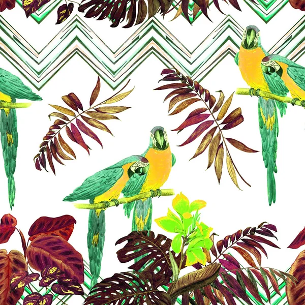 Wzór Bezszwowy Akwarelowy Papugami Liśćmi Tropikalnymi Jasny Letni Druk Egzotyczna — Zdjęcie stockowe