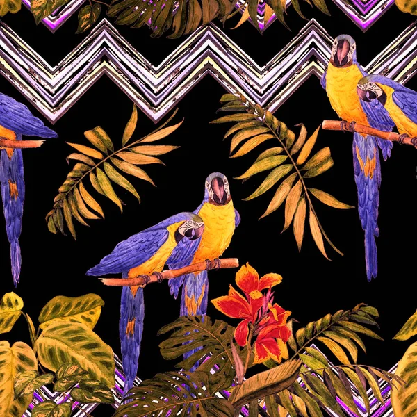 Akvarel Bezešvný Vzor Ara Papoušky Tropické Listy Černé Jasný Letní — Stock fotografie