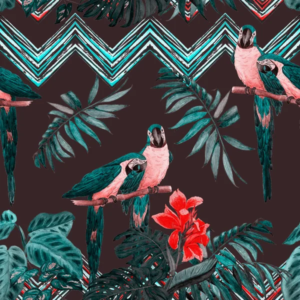 Padrão Sem Costura Aquarela Com Papagaios Arara Folhas Tropicais Impressão — Fotografia de Stock