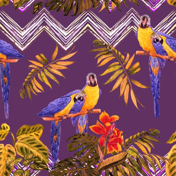 マコーのオウムや熱帯の葉と水彩シームレスパターン 明るい夏のプリント エキゾチックなジャングルの壁紙 — ストック写真