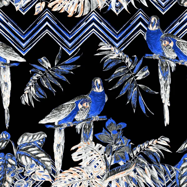 Padrão Sem Costura Aquarela Com Papagaios Ara Folhas Tropicais Preto — Fotografia de Stock