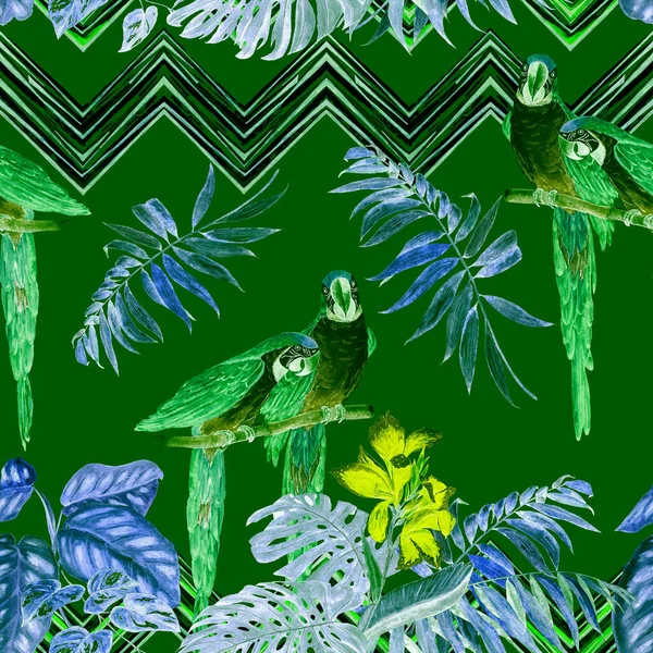 Padrão Sem Costura Aquarela Com Papagaios Arara Folhas Tropicais Impressão — Fotografia de Stock