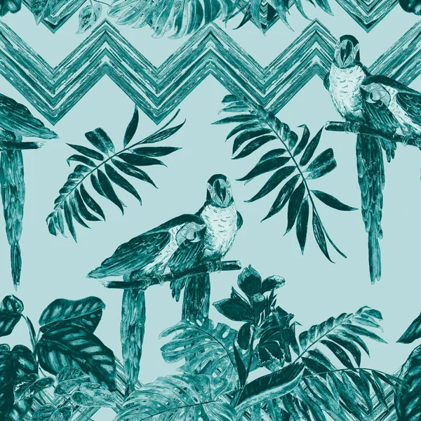 Watercolor Seamless Monochrome Pattern Macaw Parrots Tropical Leaves Bright Summer — Stock Photo, Image