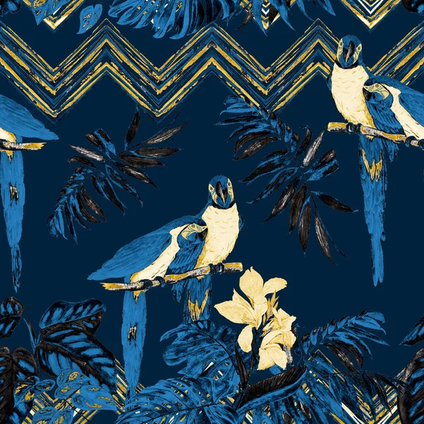 물갈퀴없는 황금빛을 앵무새와 나뭇잎 이국적 — 스톡 사진